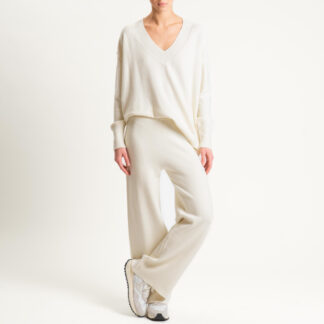 Haveone- Completo in maglia scollo v - panna